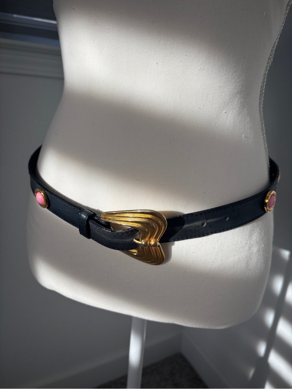 Escada 80s Navy  Leather Belt with Gold Sculpted Buckle and Pink Accent